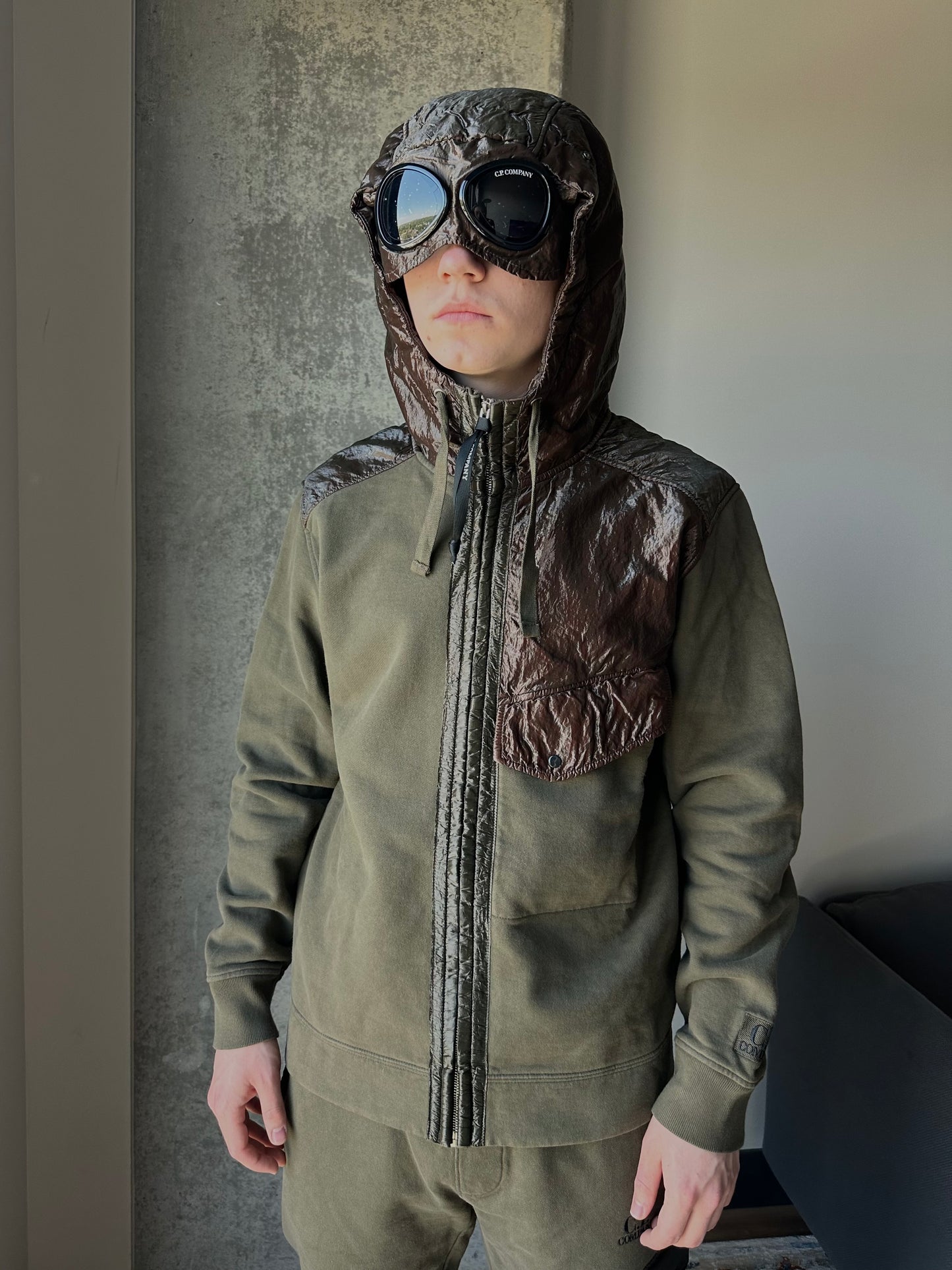 C.P. Company Green Cotton Fleece Full Zip Google Hoodie (S,M)