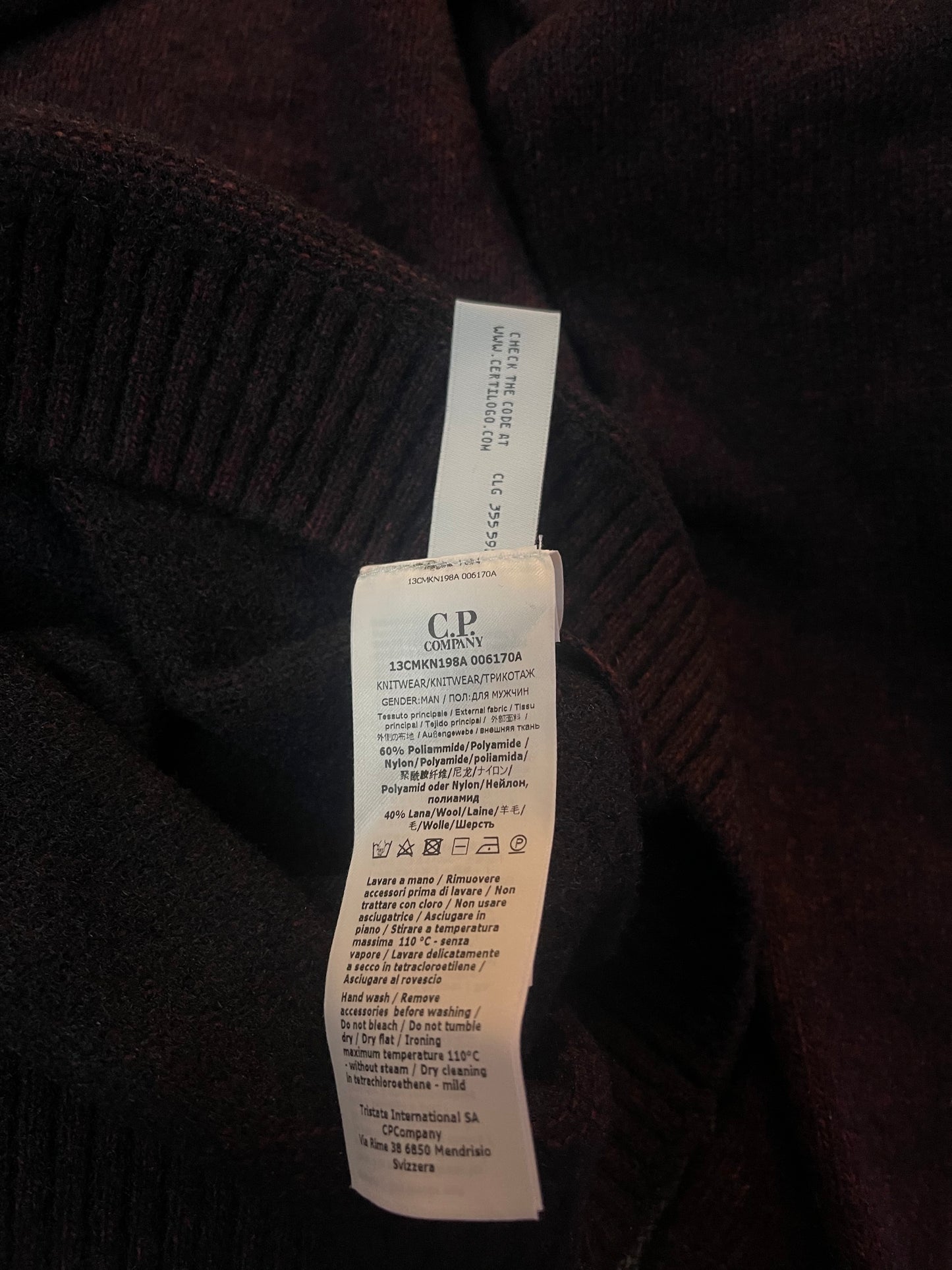 C.P. Company Burgundy Fleece Lana Wool Knit Hoodie (L)