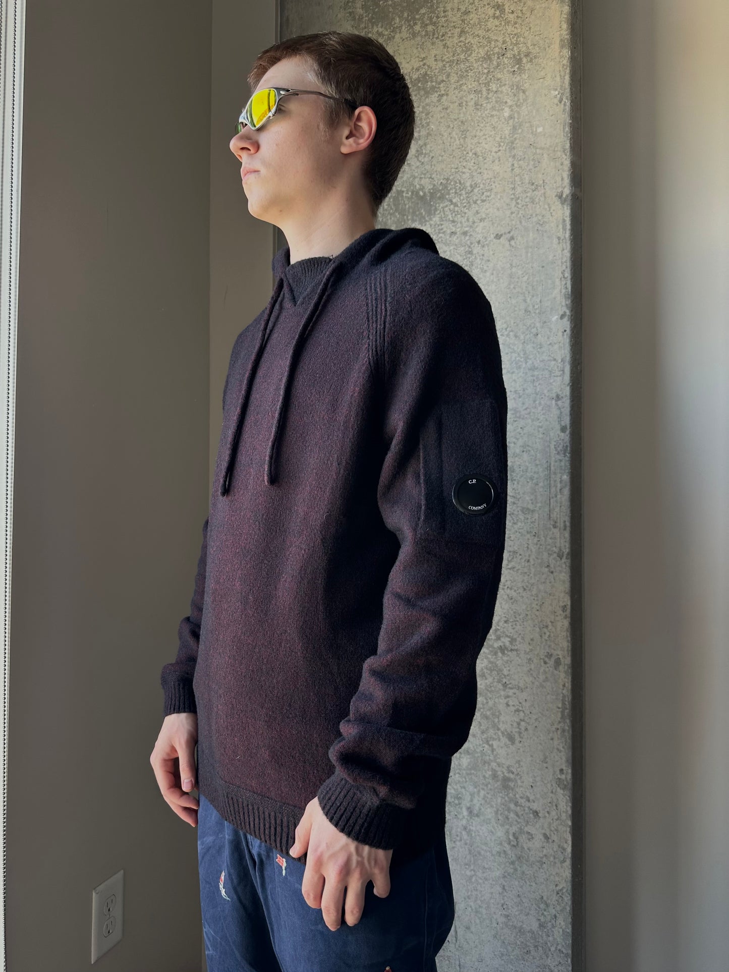 C.P. Company Burgundy Fleece Lana Wool Knit Hoodie (L)