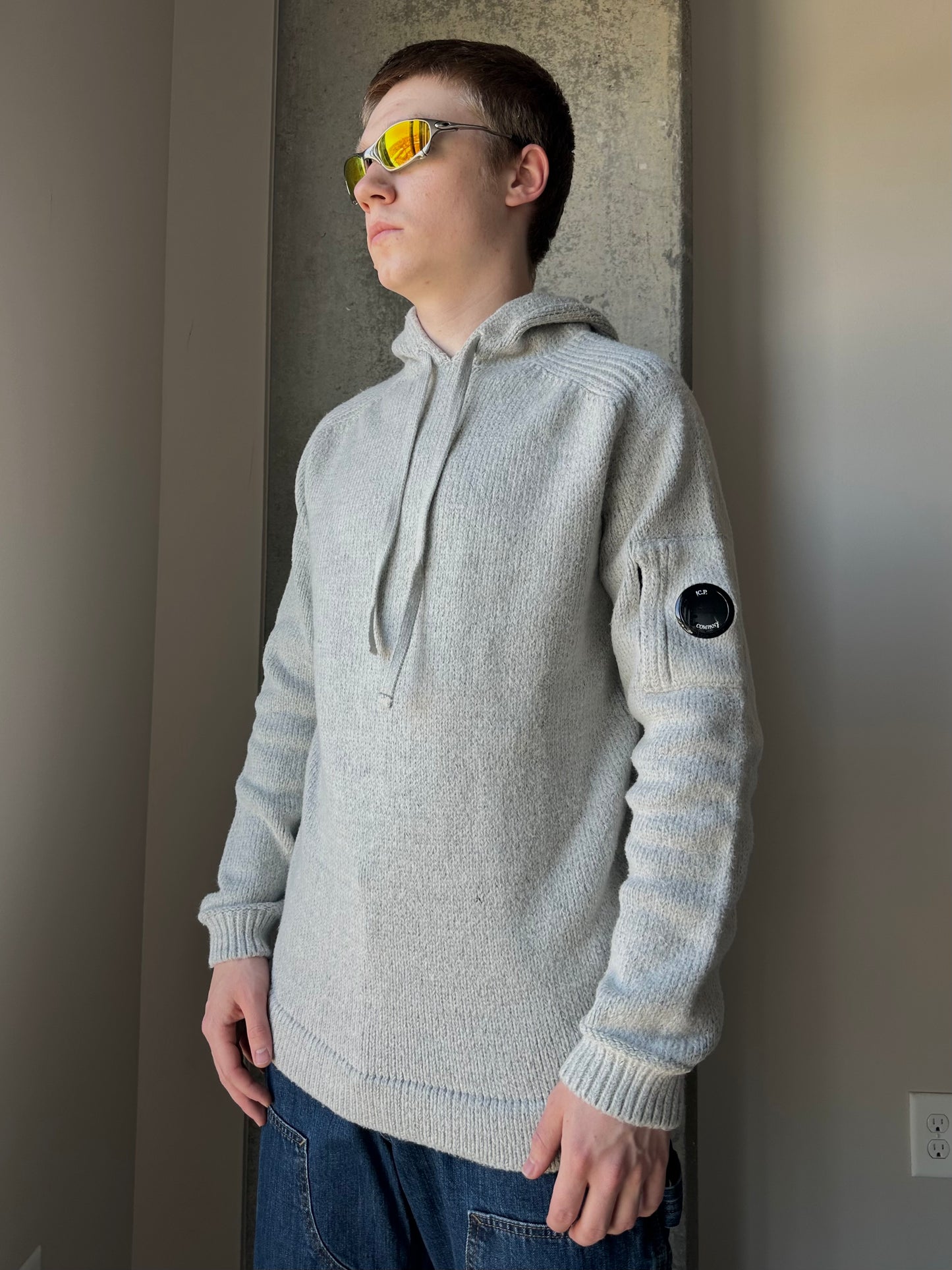 C.P. Company Grey Cotton/Nylon Knit Hoodie (L)